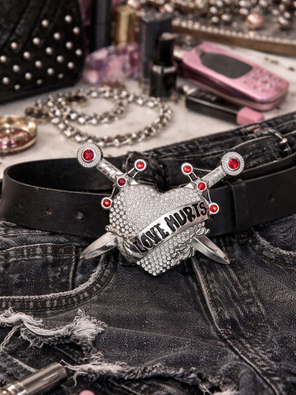 Y2K Rhinestone Heart & Dagger “Love Hurts” Belt Black Emo Punk Goth